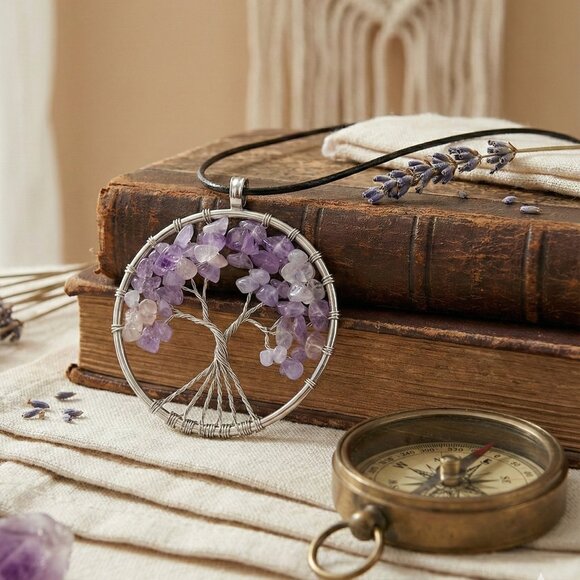 Boho Chic Tree Of Life Necklace Genuine Amethyst Crystals Silver Plated Charm - Picture 5 of 10